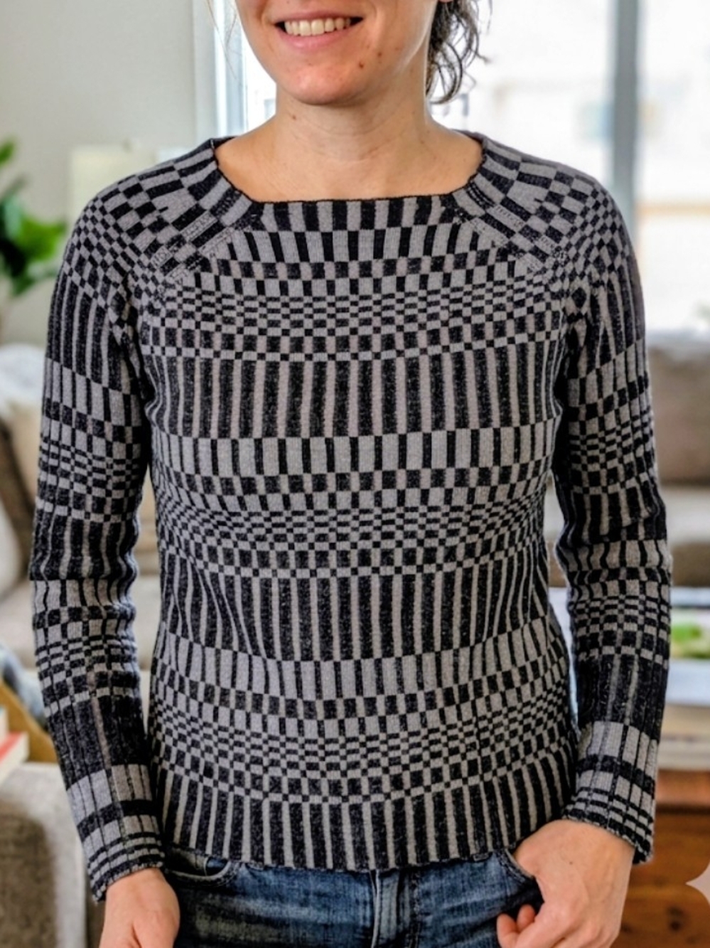 FDJ Blue & Gray Geometric Crewneck Sweater